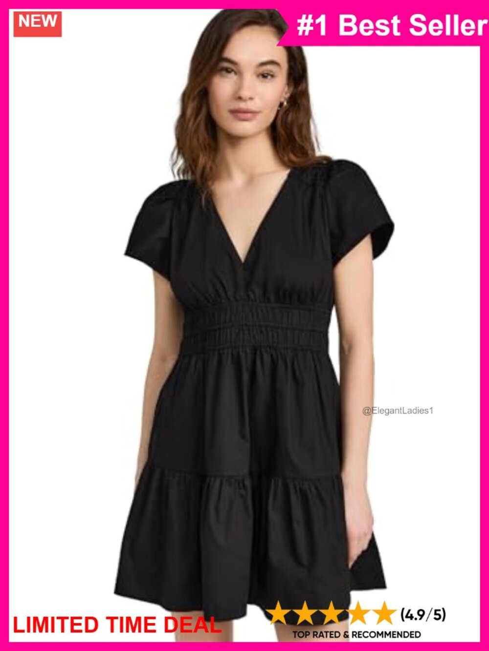 Lightweight Poplin Tiered Mini Dress Puff Sleeve V-Neck Casual